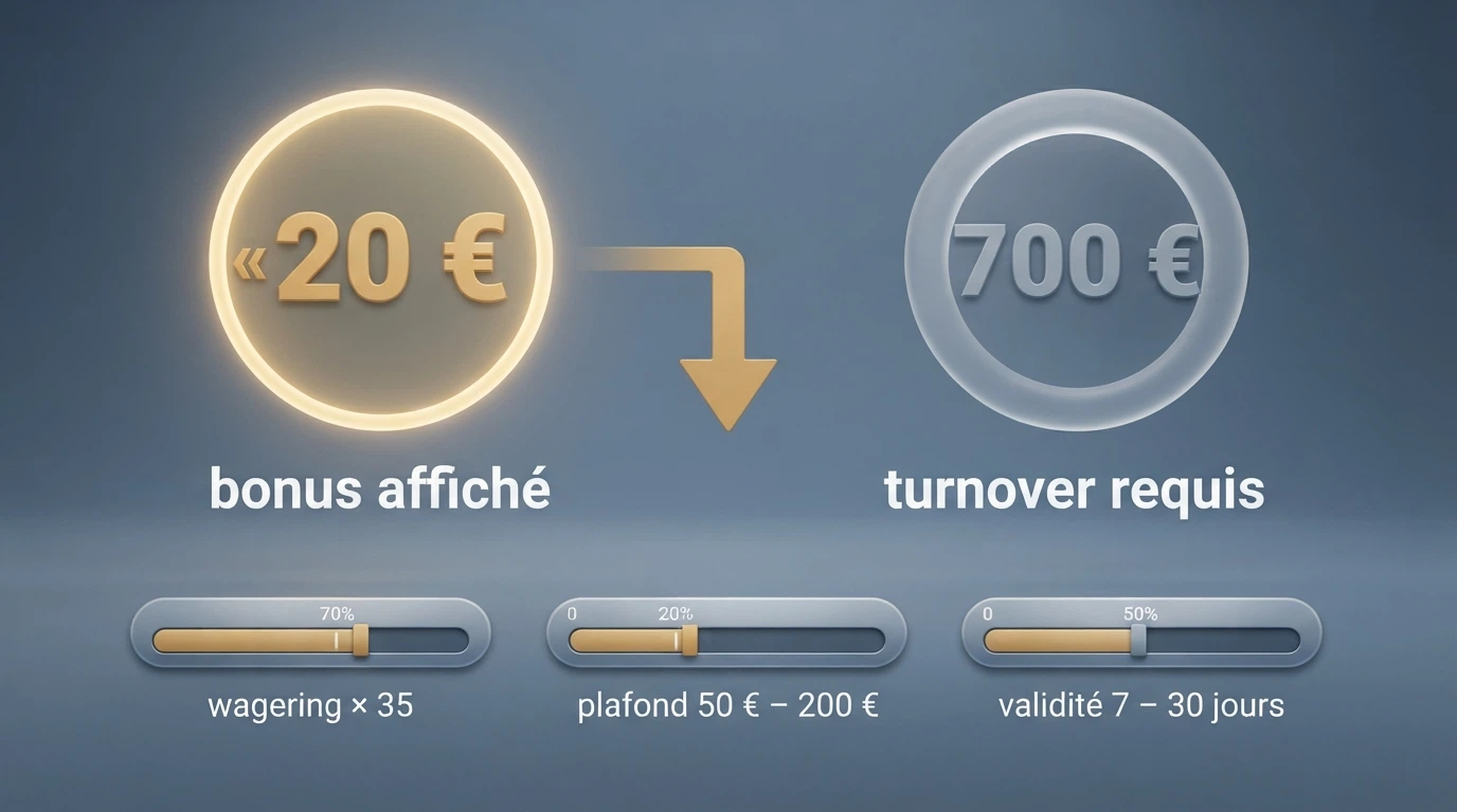 Infographie comparant le montant affiché d'un bonus sans dépôt (20 €) et le montant réel retirable après wagering x35, avec un filtre visuel représentant les conditions (wagering, plafond, validité)