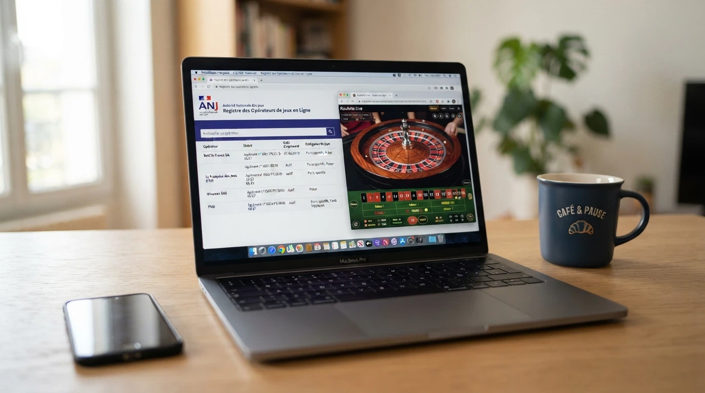 La façade du site anj.fr affichée sur un écran à côté d'une interface de casino en direct, illustrant le contraste entre l'interdiction et l'accès