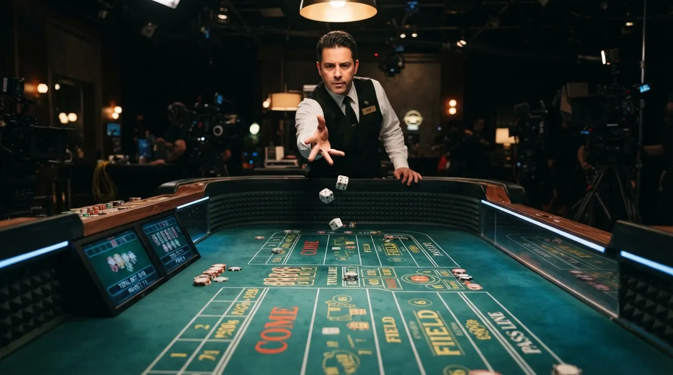 Table de craps en direct filmée en studio, un croupier lance les dés, interface de casino live avec les zones de mise à l'écran