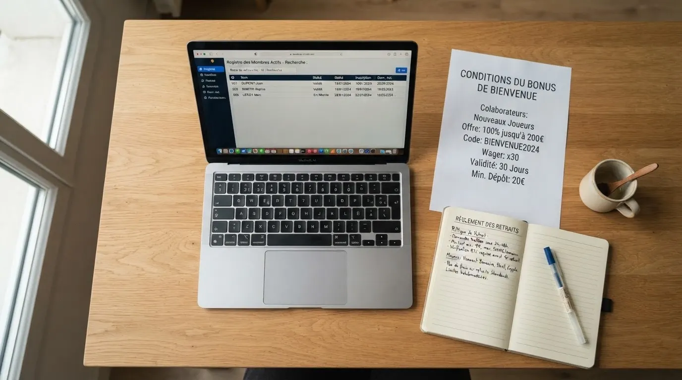 Liste illustrée des documents et pages à vérifier avant de déposer : registre public, conditions de bonus, politique de retrait