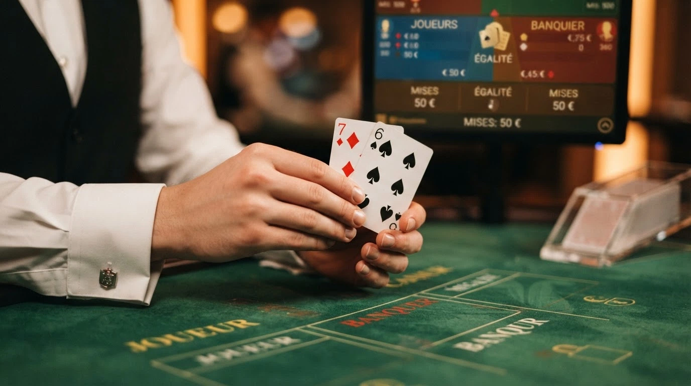 Un croupier de baccarat live en gros plan, les mains tenant deux cartes face visible au-dessus du tapis vert, l'écran de mise affiché en surimpression sur le flux vidéo.