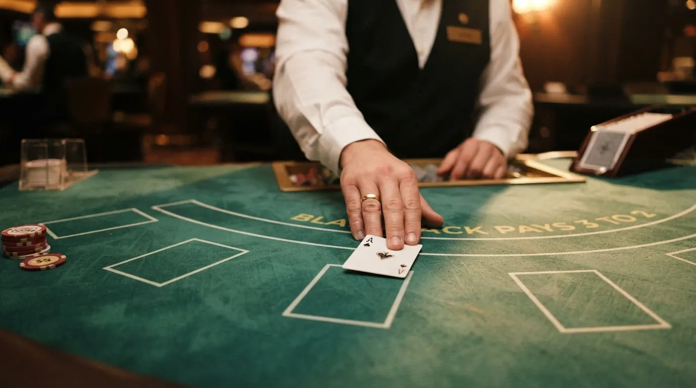 Un croupier en gros plan posant une carte sur le tapis vert d'une table de blackjack, le sabot visible en arrière-plan
