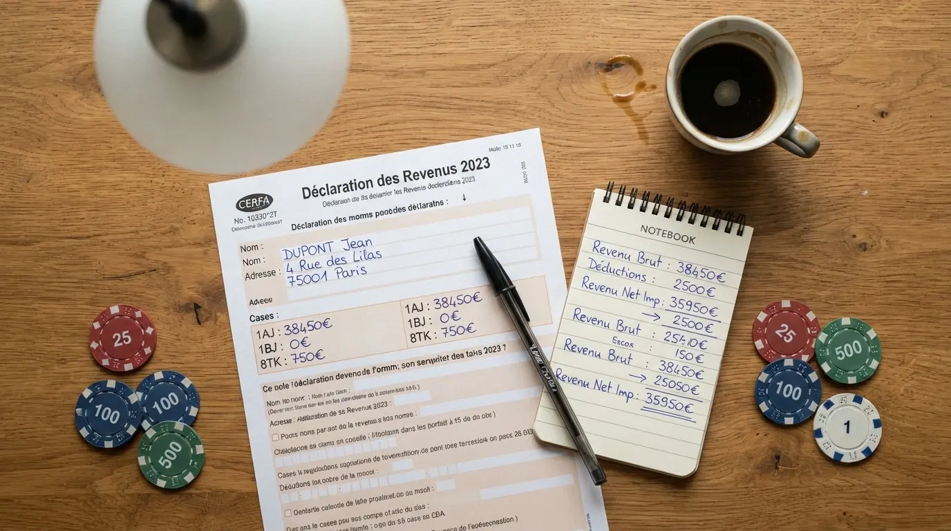Une calculatrice et une déclaration fiscale française posées sur une table, des jetons de casino éparpillés à côté, une tasse de café, un stylo en suspens