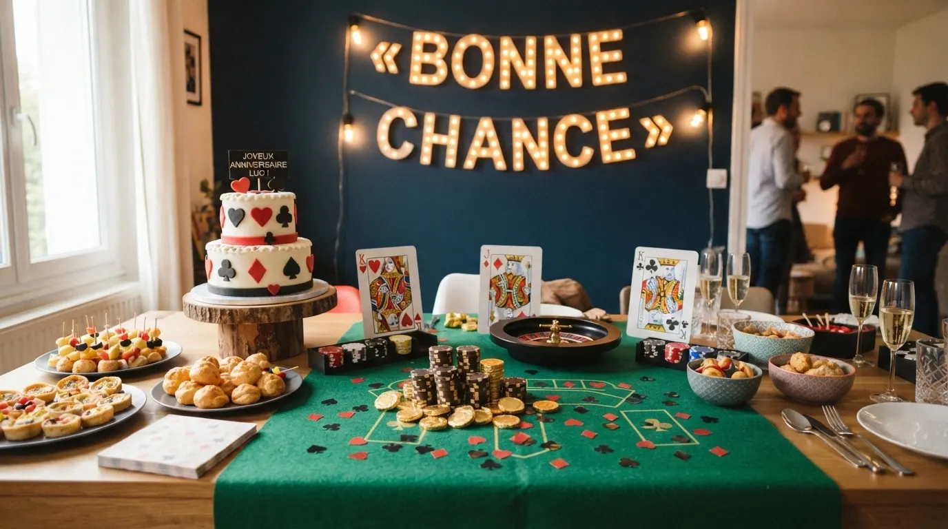 Une table de fête dressée aux couleurs de Las Vegas : tapis vert, jetons en chocolat, cartes géantes en centre de table et guirlande lumineuse « GOOD LUCK » en fond