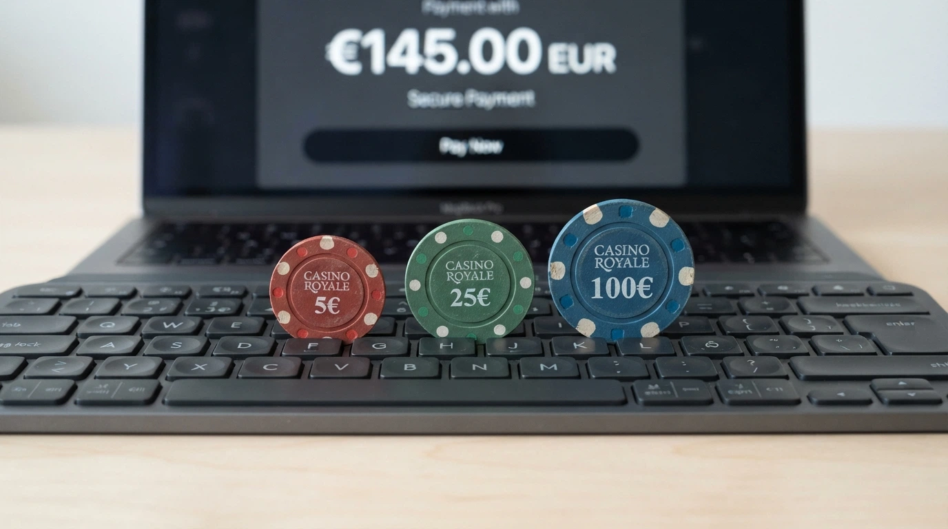 Trois billets de 5, 10 et 20 euros alignés sur un clavier, l'écran en arrière-plan affichant une caisse de casino en ligne avec le logo Visa