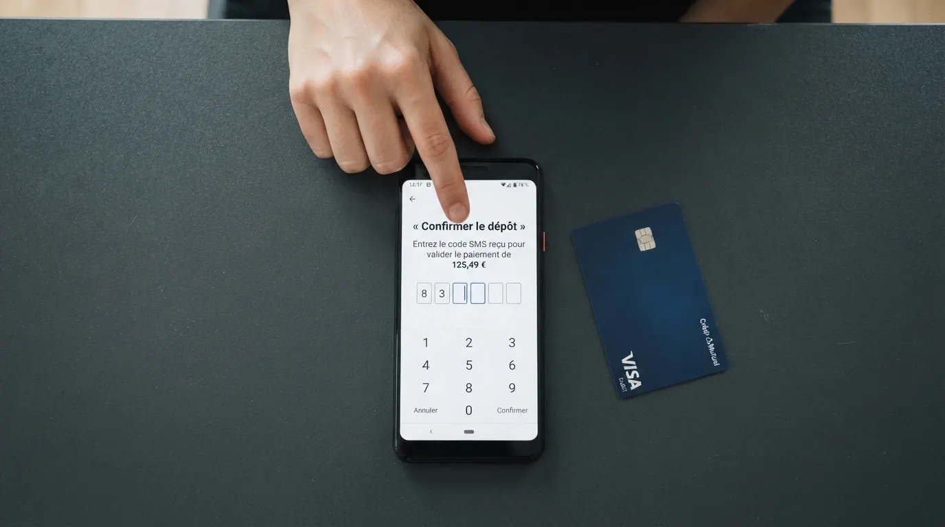 L'écran d'un téléphone affichant l'interface de paiement Boku avec la confirmation par code SMS, une carte bancaire laissée de côté à l'arrière-plan