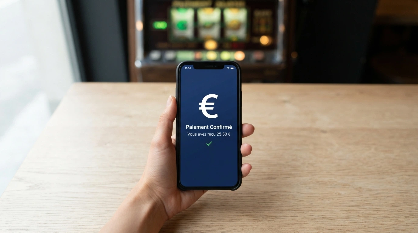 Une main tenant un téléphone, l'écran montrant l'interface Google Pay avec le montant d'un dépôt, une machine à sous en arrière-plan flou