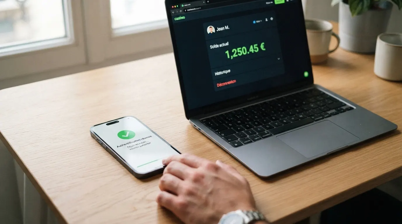 Téléphone affichant l'écran d'authentification Klarna à côté d'un écran d'ordinateur montrant le solde crédité du casino