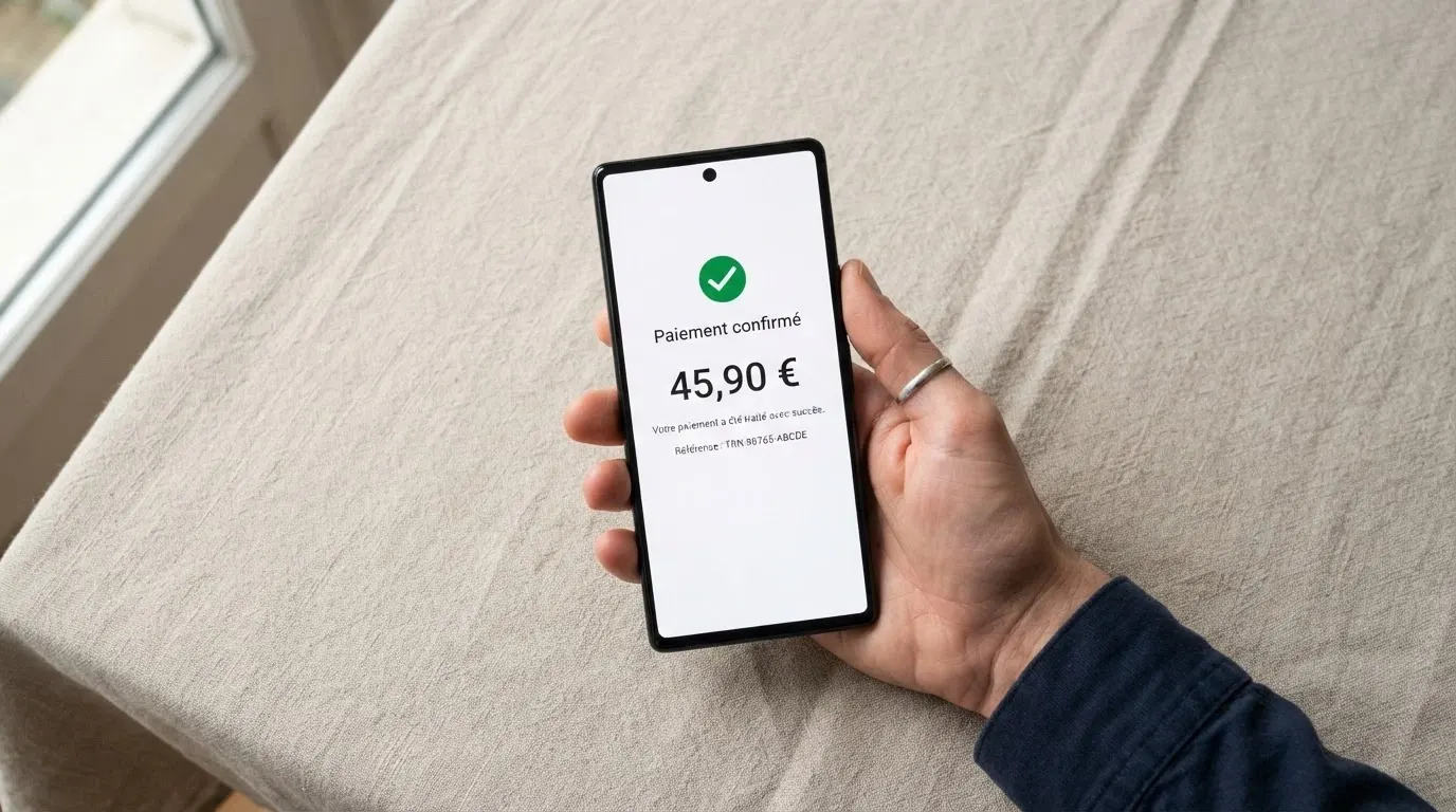 Téléphone affichant l'application Payz avec un écran de confirmation de transaction