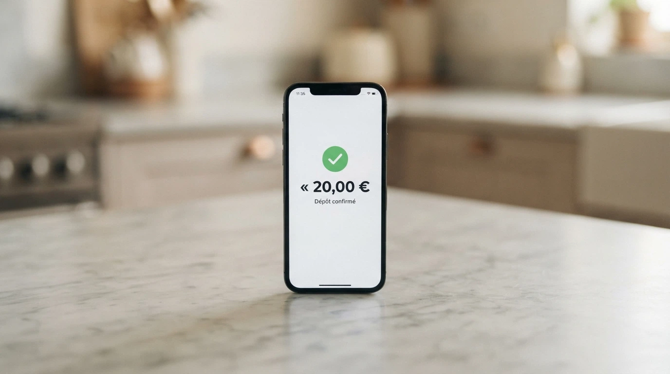Téléphone affichant l'écran de confirmation d'un dépôt Trustly avec le montant en euros et le logo de la banque