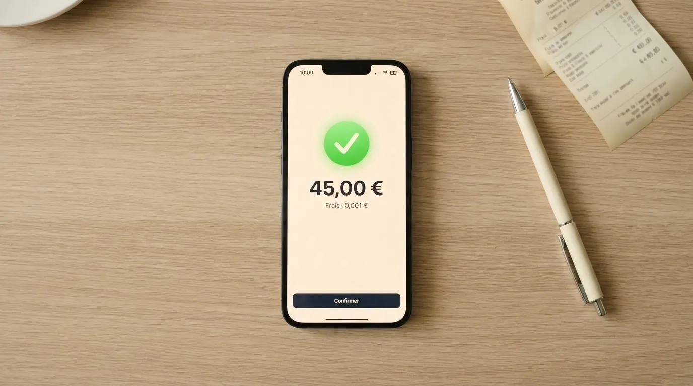 Écran de confirmation d'une transaction Solana sur un portefeuille Phantom, montant en SOL et frais réseau affichés