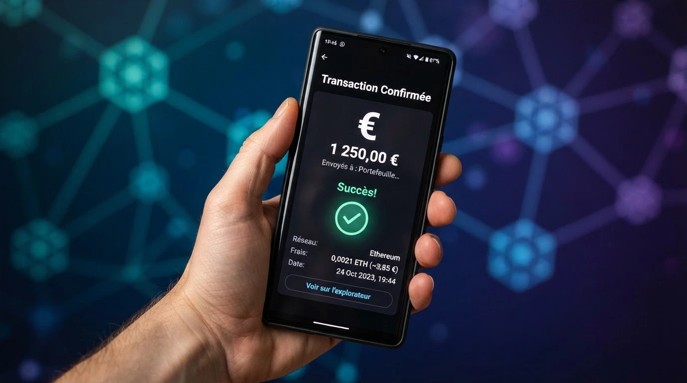 Un smartphone affichant une application de portefeuille crypto avec une transaction USDC en cours vers un casino en ligne, symboles des réseaux Solana et Ethereum visibles