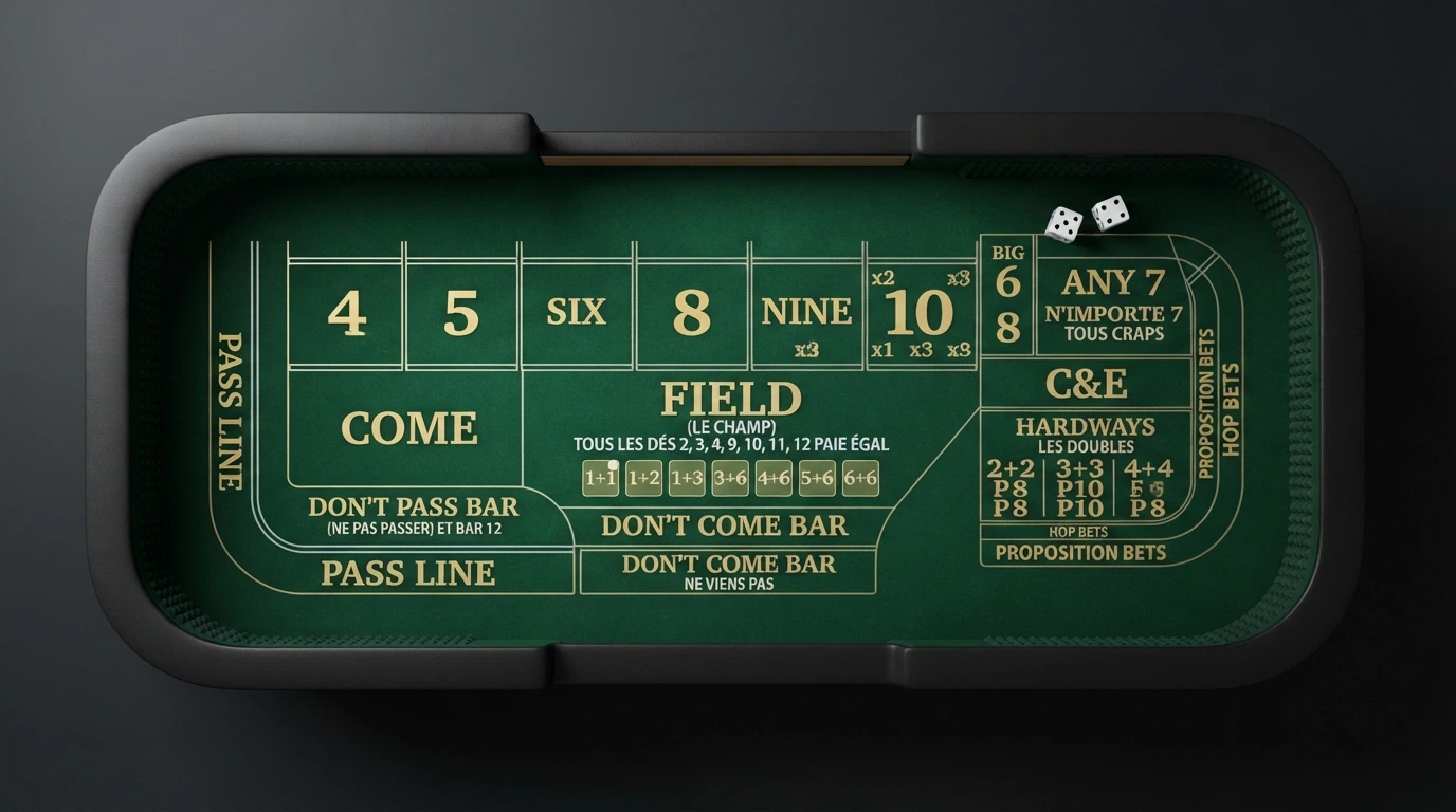 Disposition détaillée d'une table de craps avec les zones Pass Line, Don't Pass, Come, Field et les mises de proposition identifiées et légendées