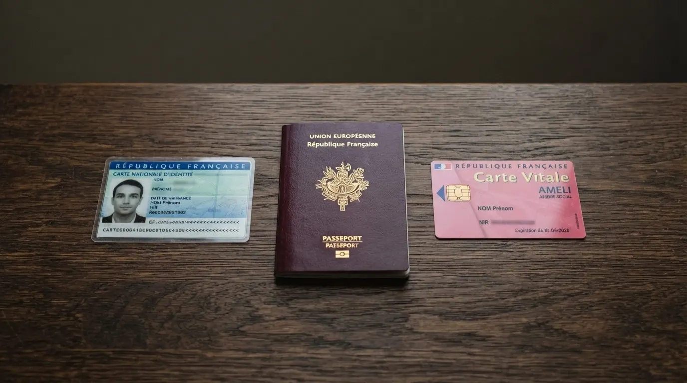 Une carte nationale d'identité française, un passeport et un permis de conduire français posés côte à côte sur une table