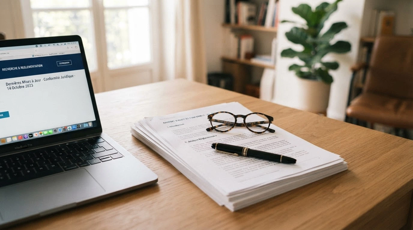 Un bureau de travail avec des documents officiels estampillés ANJ posés à côté d'un ordinateur portable montrant le site anj.fr, un stylo et des lunettes en premier plan.