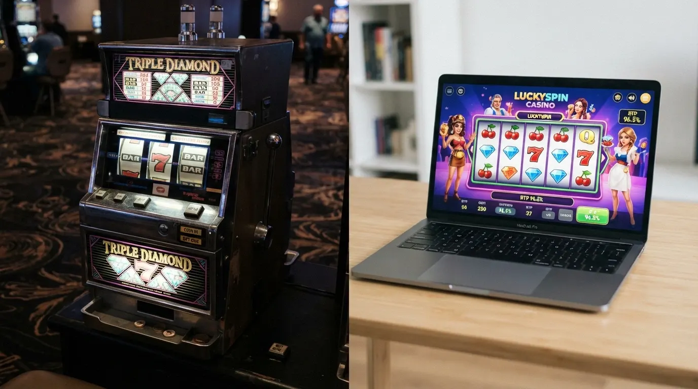 Une machine à sous mécanique dans un casino terrestre juxtaposée à l'interface lumineuse d'une machine à sous en ligne sur un écran