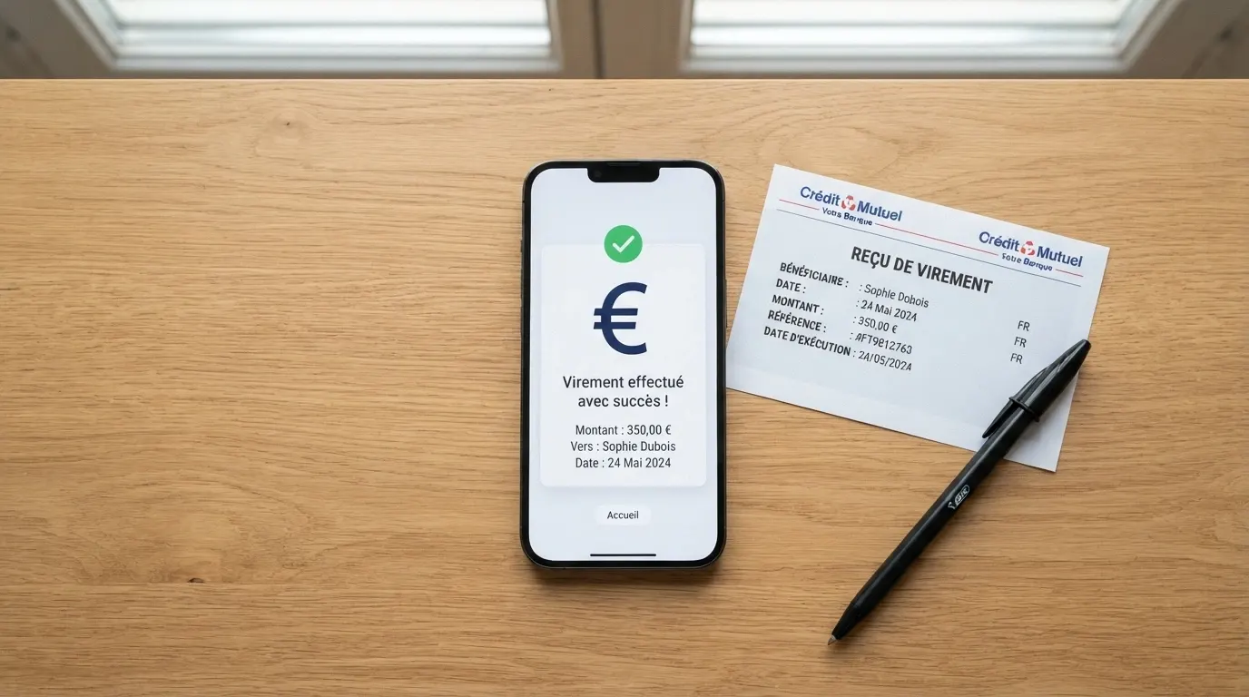 Un téléphone affichant une application bancaire à gauche et l'interface de caisse d'un casino à droite, une flèche de transfert entre les deux écrans