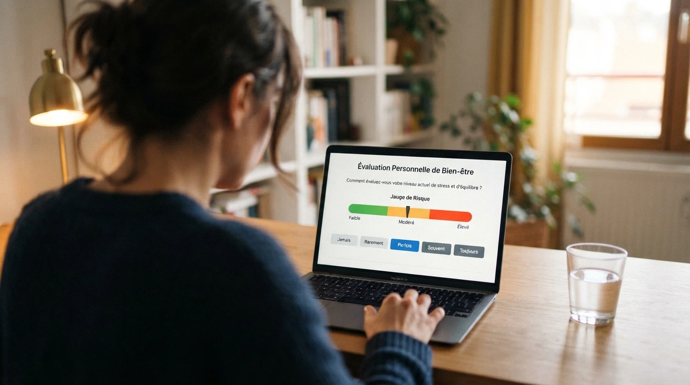 L'interface du questionnaire Evalujeu de l'ANJ sur un écran d'ordinateur, avec une jauge de risque colorée indiquant un niveau de pratique