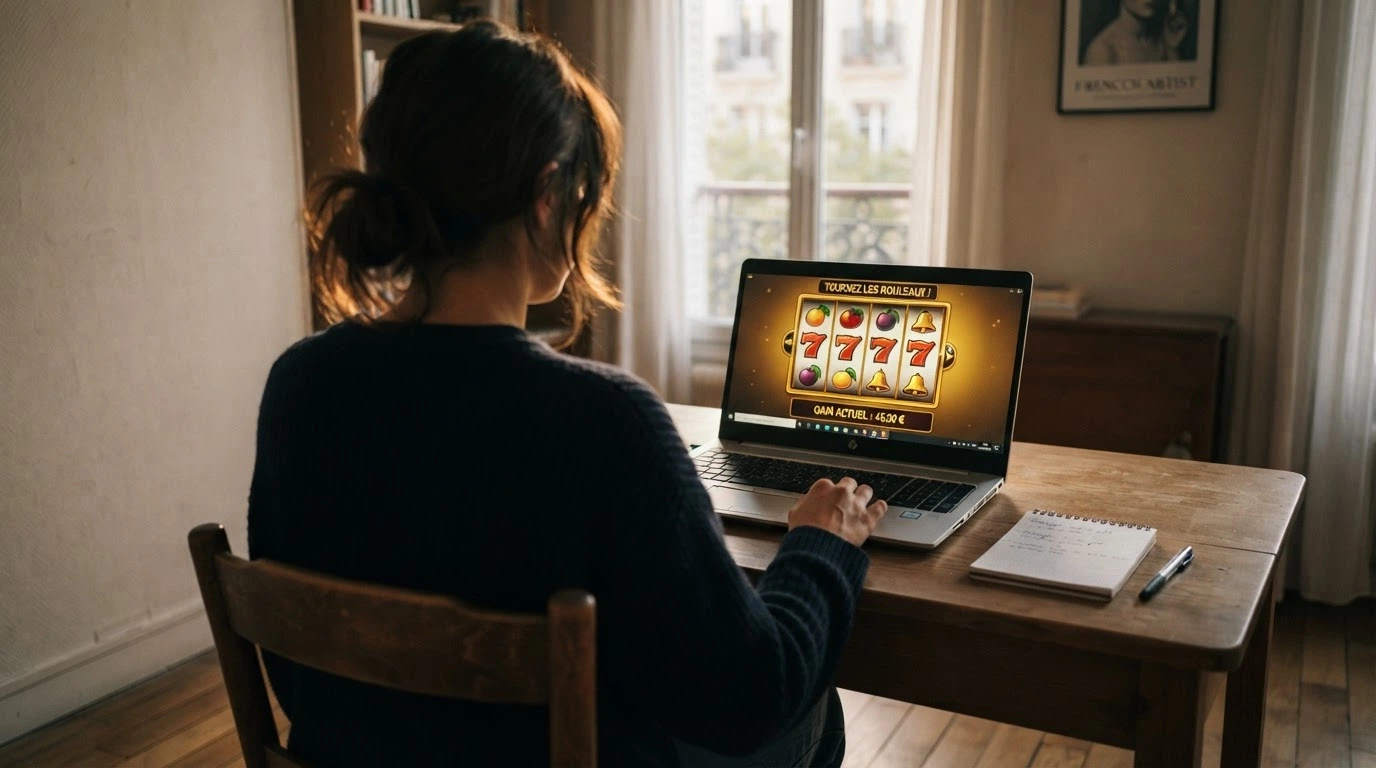 Un joueur français face à son écran, pesant le pour et le contre d'une offre de free spins sans dépôt