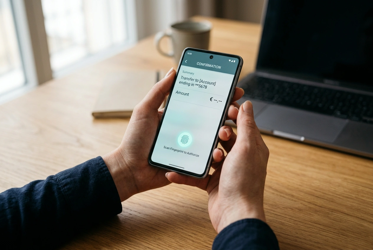 Apostador autenticando con biometría el depósito en la app de su banco al usar Trustly