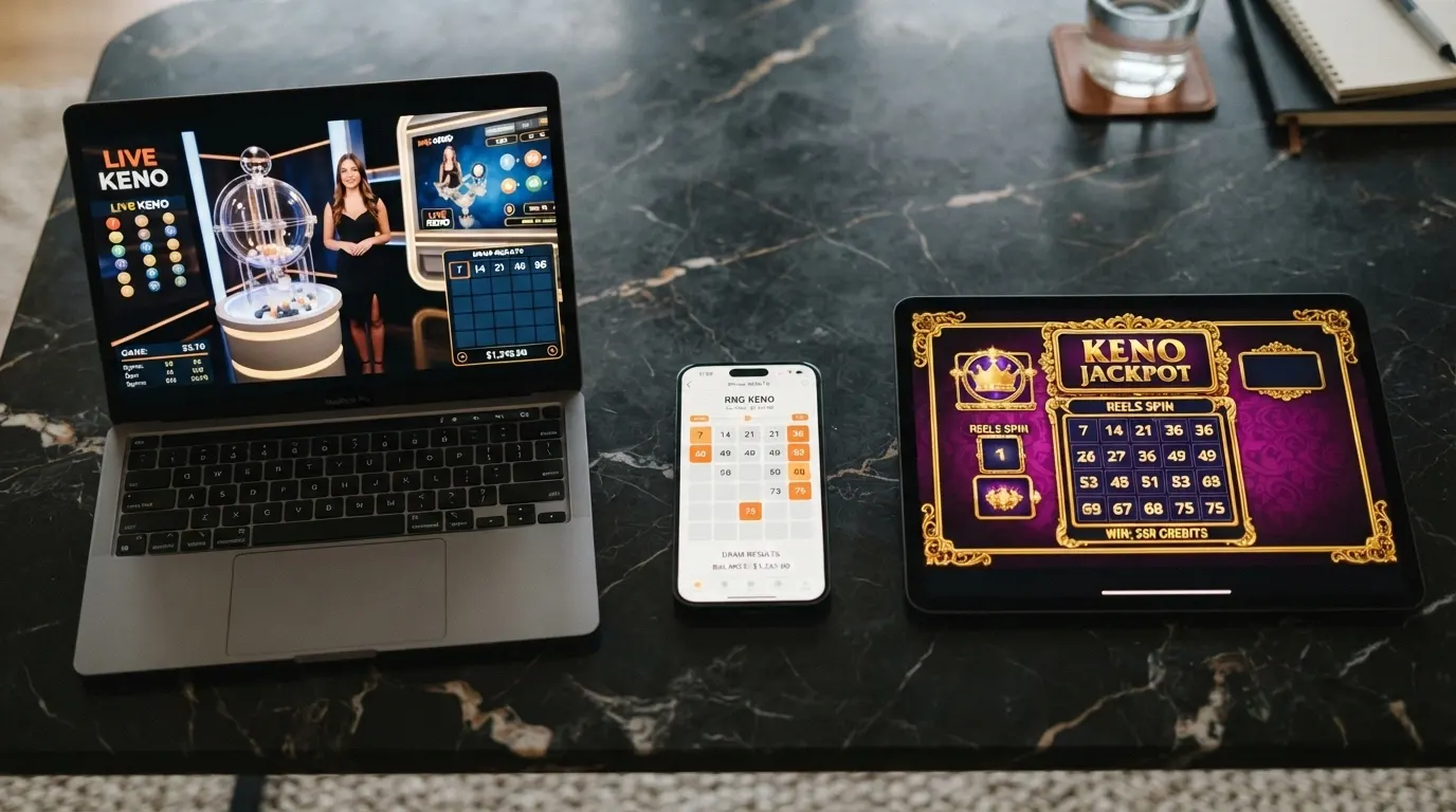 Trois écrans de keno en ligne illustrant un tirage live avec croupier, une interface RNG et une machine à sous keno
