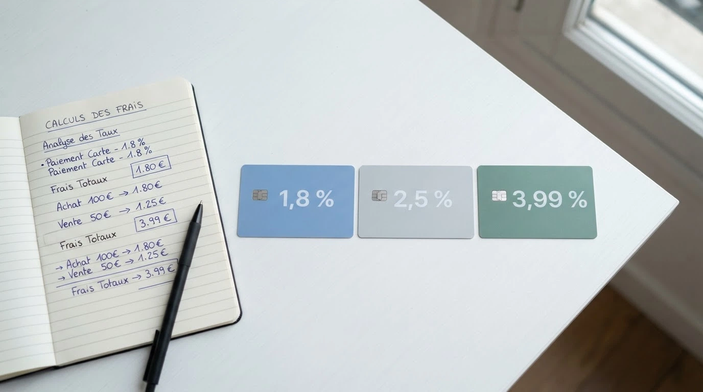 Capture d'écran comparative des grilles tarifaires : MiFinity (1,8 %), Neteller (2,5 %) et Skrill (3,99 %) alignées côte à côte, avec une calculatrice en surimpression