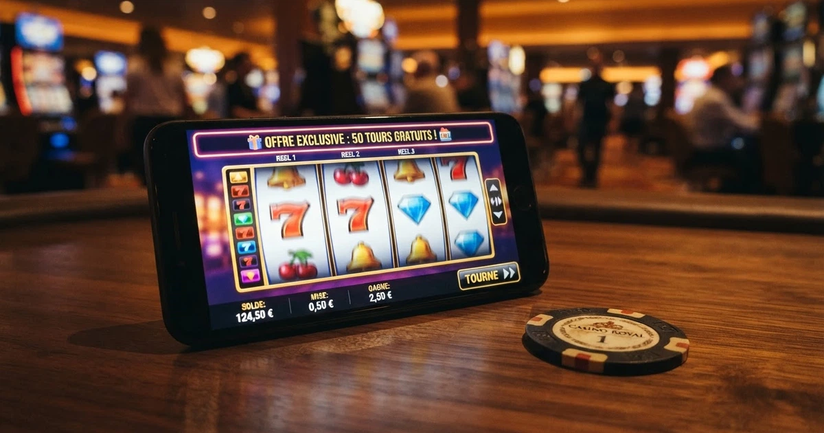 Une interface de casino en ligne affichant une offre de free spins sans dépôt, avec une machine à sous aux couleurs vives en arrière-plan et un bandeau promotionnel en français