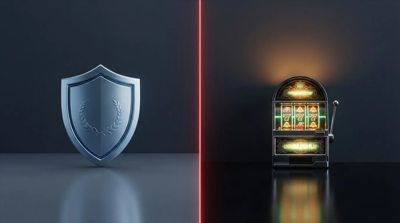 Un écran partagé entre le logo de l'ANJ côté gauche et une interface de casino en ligne côté droit, séparés par un trait rouge