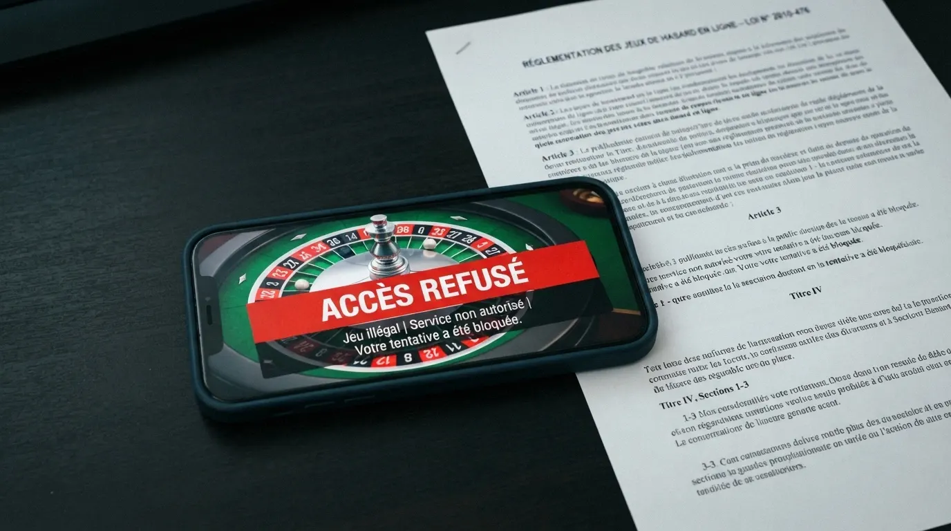 Une interface de casino en ligne affichant un message d'avertissement et le logo de l'ANJ en surimpression, sur fond de texte juridique français