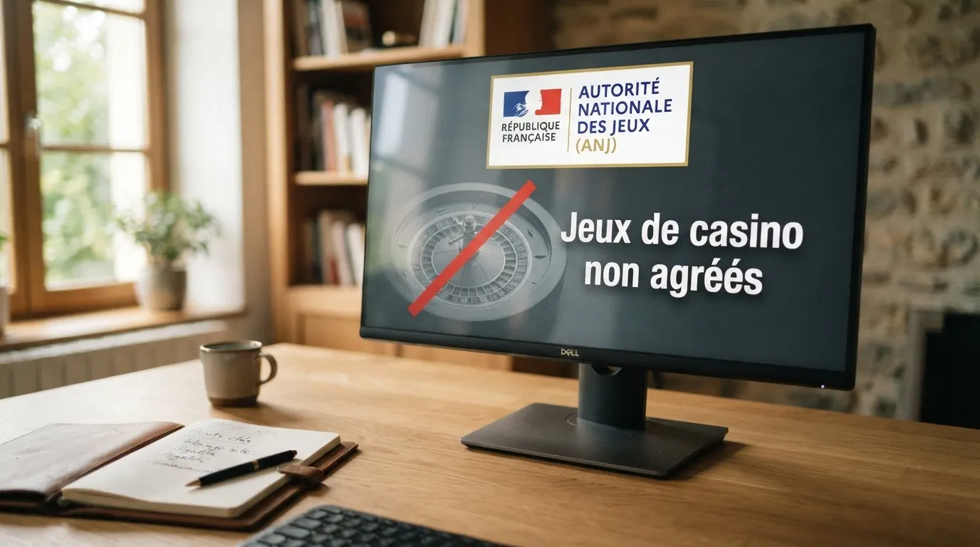 Le logo de l'ANJ sur un écran à côté d'une roulette grisée barrée d'un trait rouge, symbolisant l'interdiction