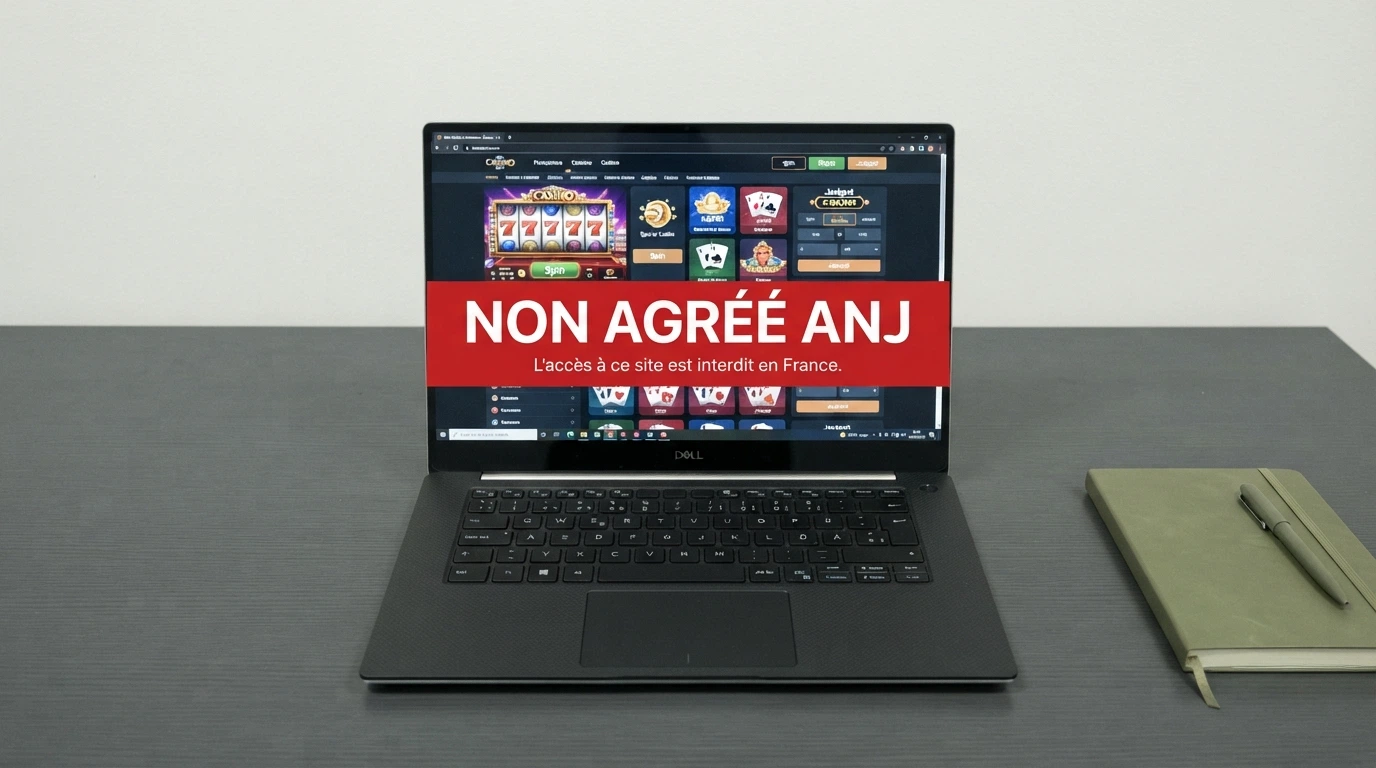 Une interface de casino barrée d'un bandeau rouge « non agréé ANJ » en français