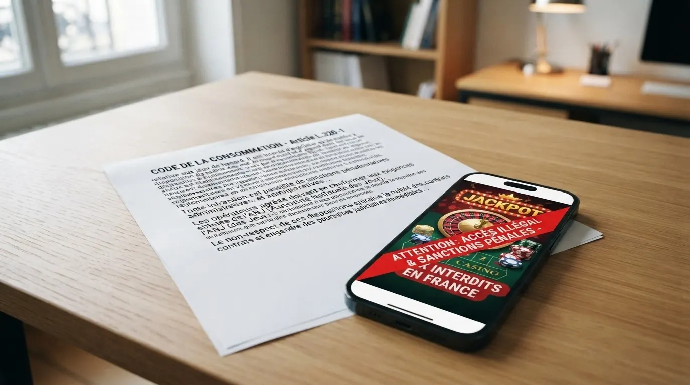 Un extrait de texte juridique français posé sur un bureau, un téléphone affichant une page de casino barrée d'un bandeau d'avertissement