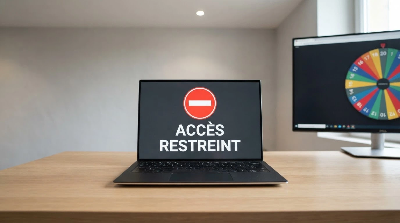 Un écran affichant le logo de l'ANJ à côté d'une roue de game show barrée d'un symbole d'interdiction