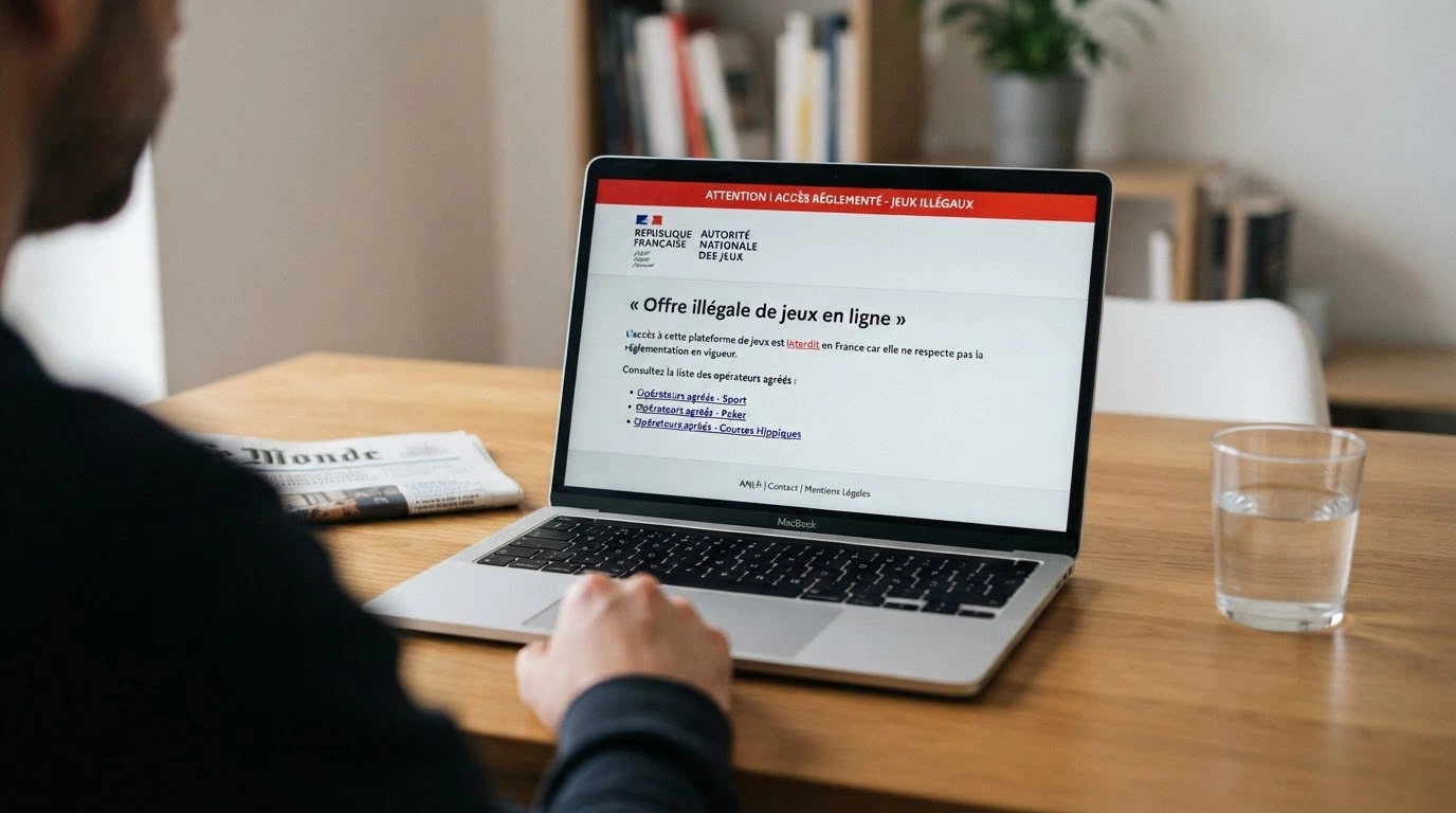 Page d'accueil du site de l'ANJ avec le bandeau d'avertissement sur l'offre illégale de casino en ligne et le logo de la République française
