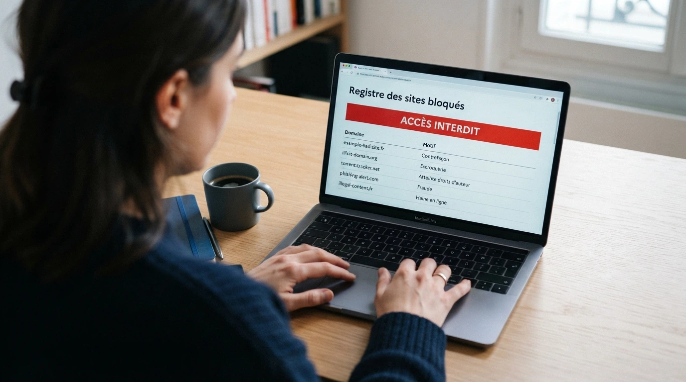 Interface du registre des sites bloqués par l'ANJ avec la mention d'interdiction des jeux de casino en ligne