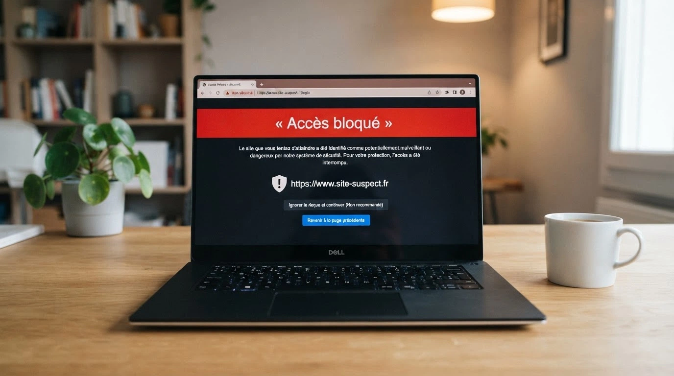 Logo de l'ANJ sur fond officiel à côté d'une capture d'écran de site bloqué avec le message d'avertissement