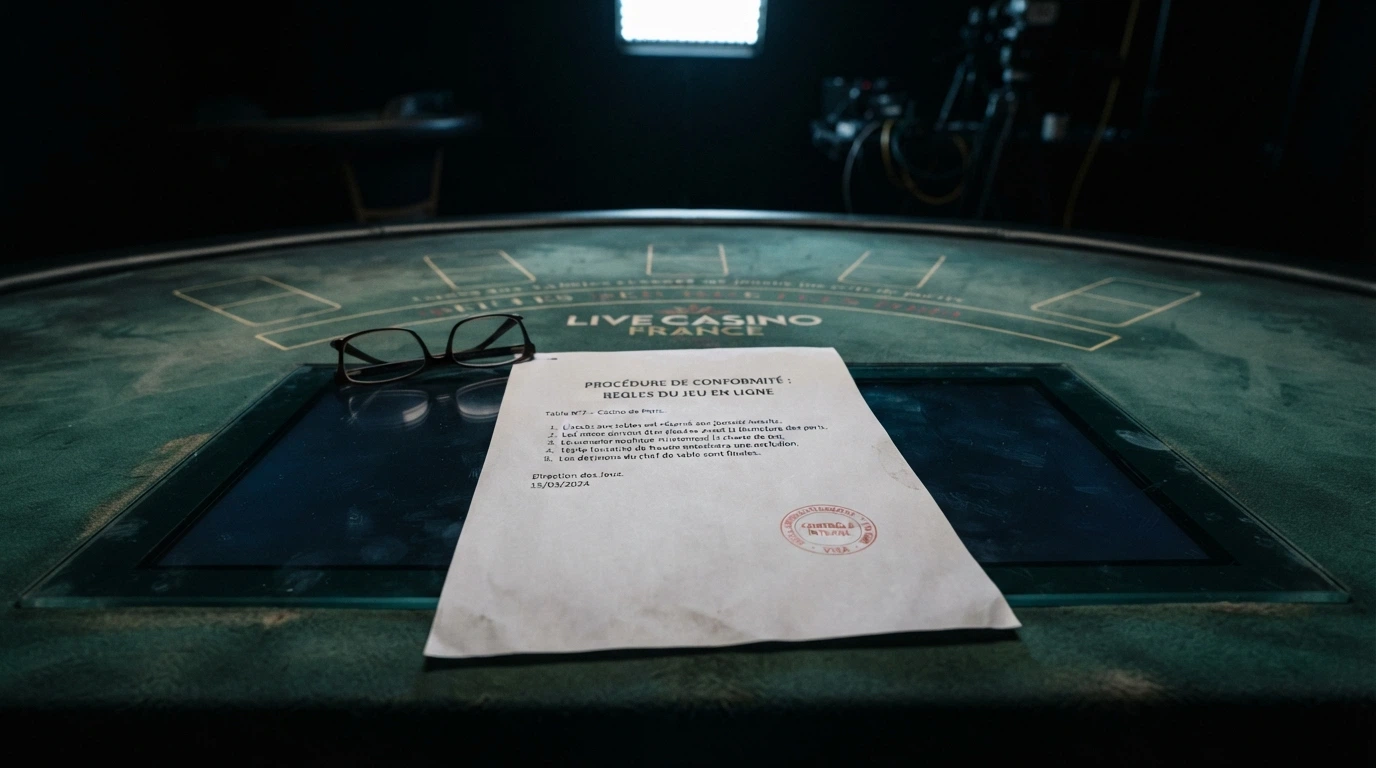 Document réglementaire français posé devant une table de jeu éteinte