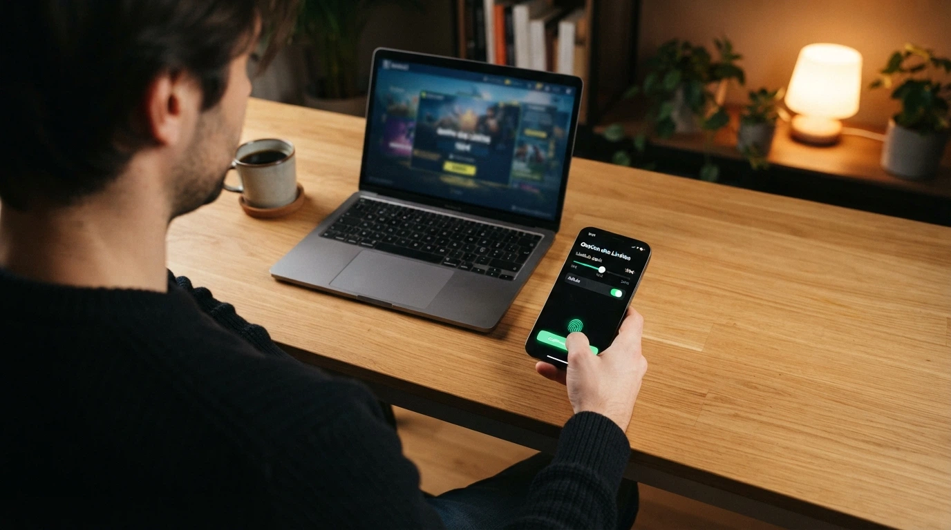 Une main posée sur un clavier, à côté d'un téléphone affichant le numéro de Joueurs Info Service, avec un cadenas dans le coin supérieur