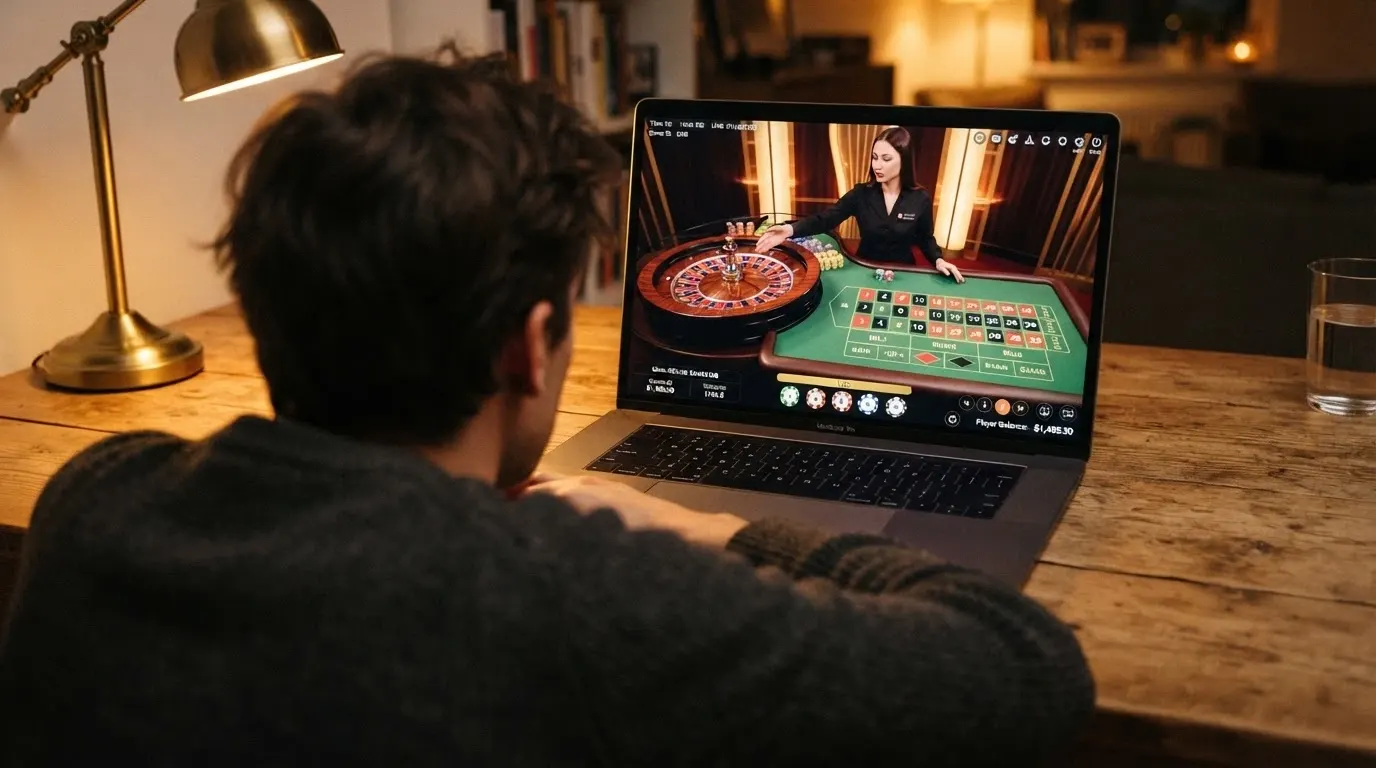 Interface d'une table de roulette en direct avec croupier, joueurs et montant des mises affiché à l'écran