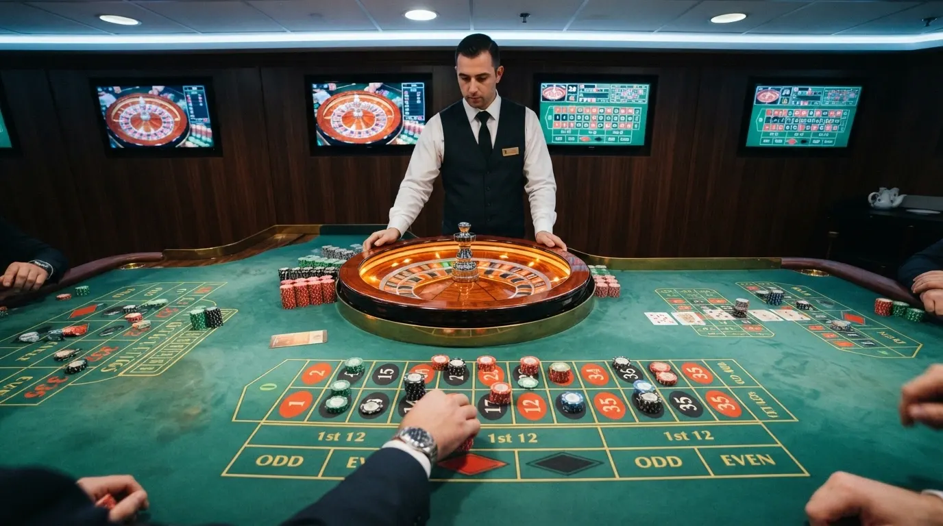 Une table de roulette en direct avec un croupier actionnant la roue, des écrans affichant les mises et l'interface de jeu visible