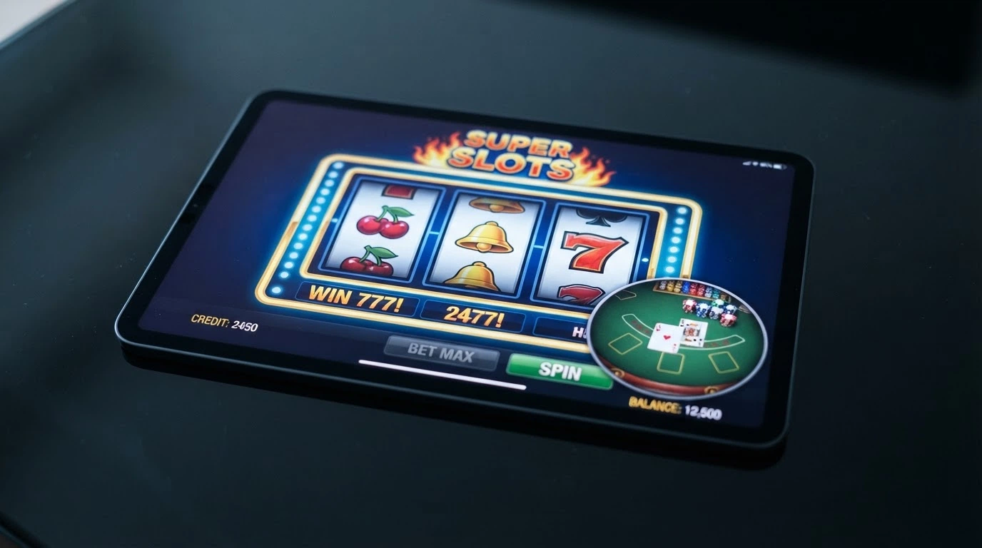 Écran de casino en ligne affichant une machine à sous colorée et une table de blackjack en médaillon