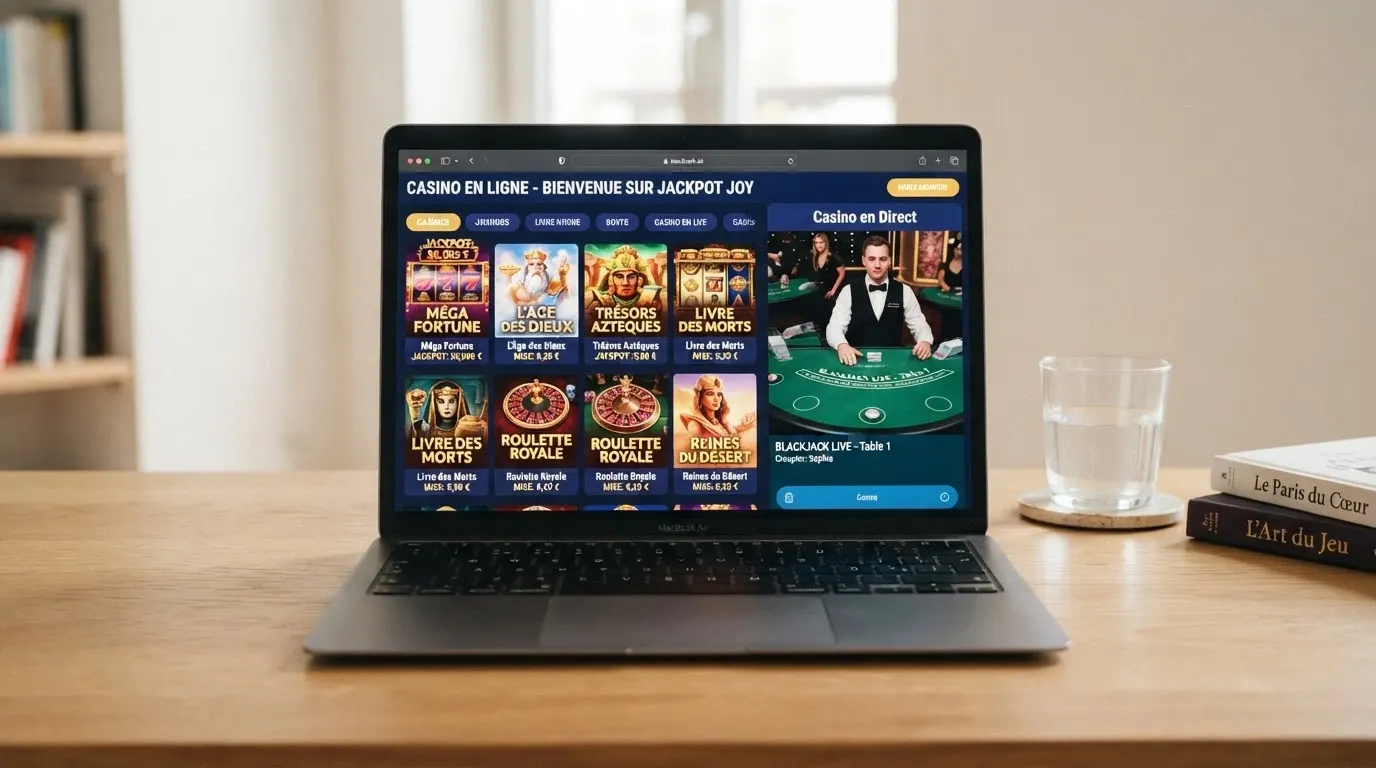 Galerie de vignettes de machines à sous, table de blackjack et interface de casino en direct