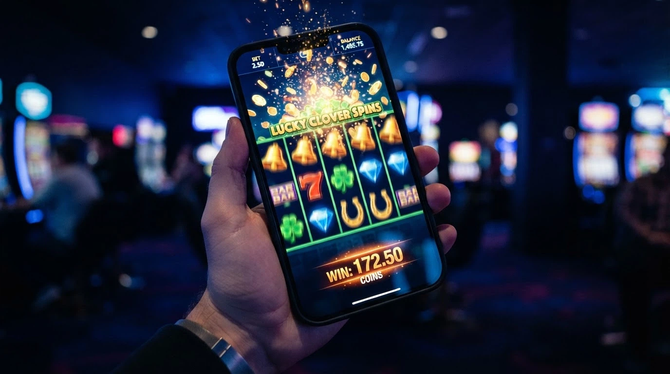 Écran de jeu d'une machine à sous en ligne avec ses rouleaux, symboles et compteur de gains