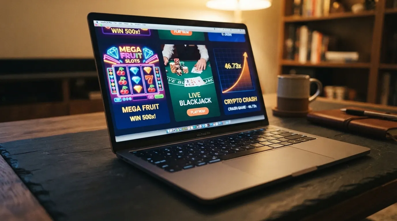Galerie de vignettes de jeux de casino en ligne : machines à sous colorées, table de blackjack avec croupier, interface d'un crash game