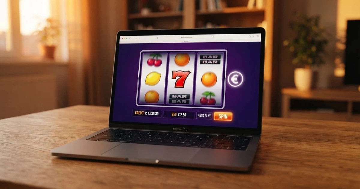 Une interface de machine à sous gratuite à 3 rouleaux affichant les symboles fruits, BAR et 7 sur l'écran d'un navigateur, sans fenêtre d'inscription