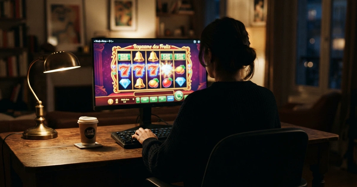 Une personne devant un écran d'ordinateur affichant une machine à sous colorée en mode démonstration, l'interface indiquant clairement l'absence de mise réelle