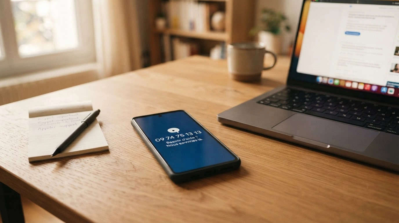 Un téléphone portable affichant le numéro de Joueurs Info Service à côté d'un clavier d'ordinateur