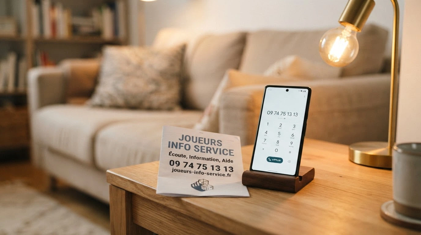 Combiné téléphonique posé sur un guide d'information dédié au jeu responsable
