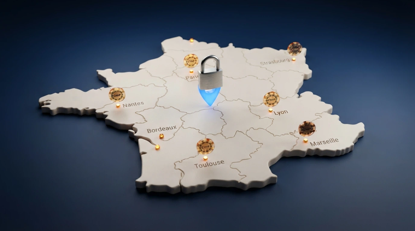 Une carte de France schématique avec des icônes de casinos terrestres et une icône en ligne barrée d'un cadenas