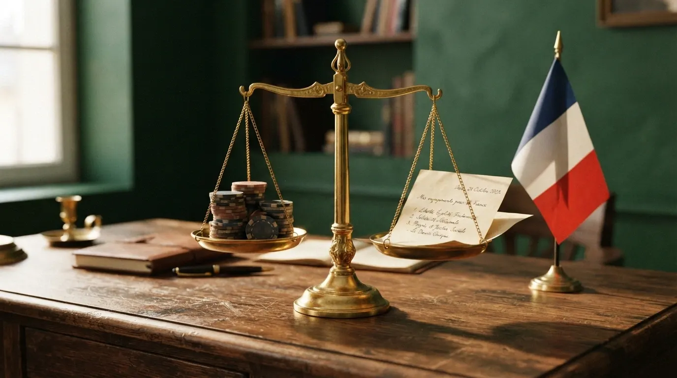 Une balance de justice dorée posée sur un document officiel frappé du drapeau français, avec un jeton de casino portant le logo USDT sur le plateau de gauche.